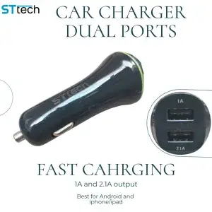 ST Tech Dual Port Fast Charging Car Charger 1A and 2.1A for Android and ios Devices