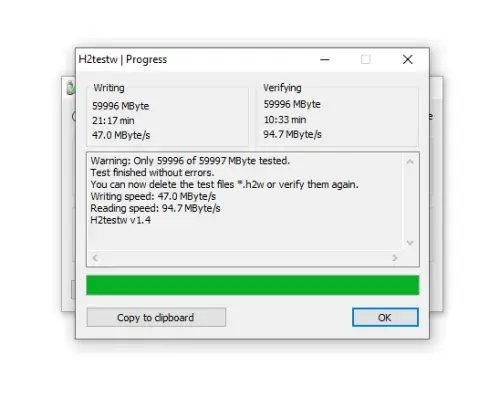 Original USB Flash Drive Speed Test Result H2testw